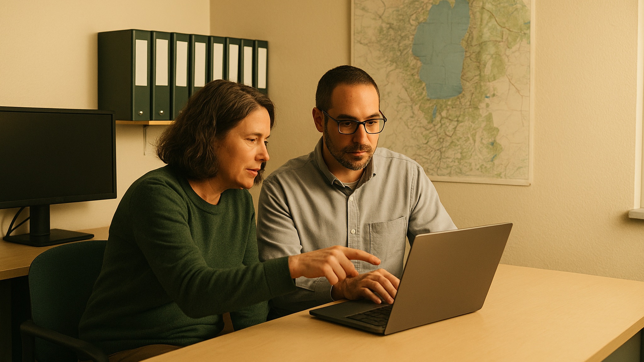 Two association staff members reviewing a project request together on a laptop