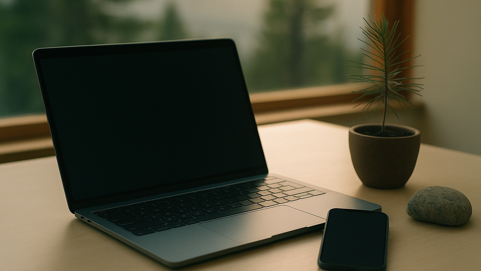 Laptop and phone side by side on a clean desk
